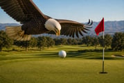 Eagle Soaring Over Golf Course With Pin and Flag-3